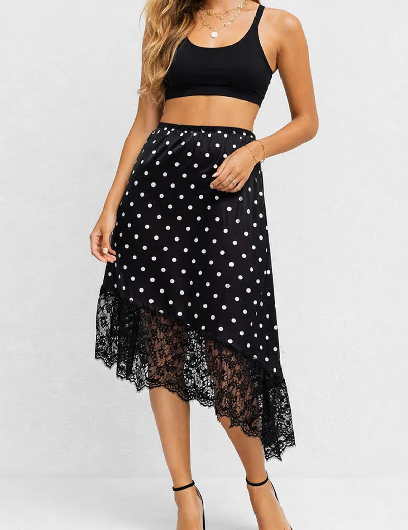 Romantic Polka Dot Satin Irregular Lace Hem Midi Skirt