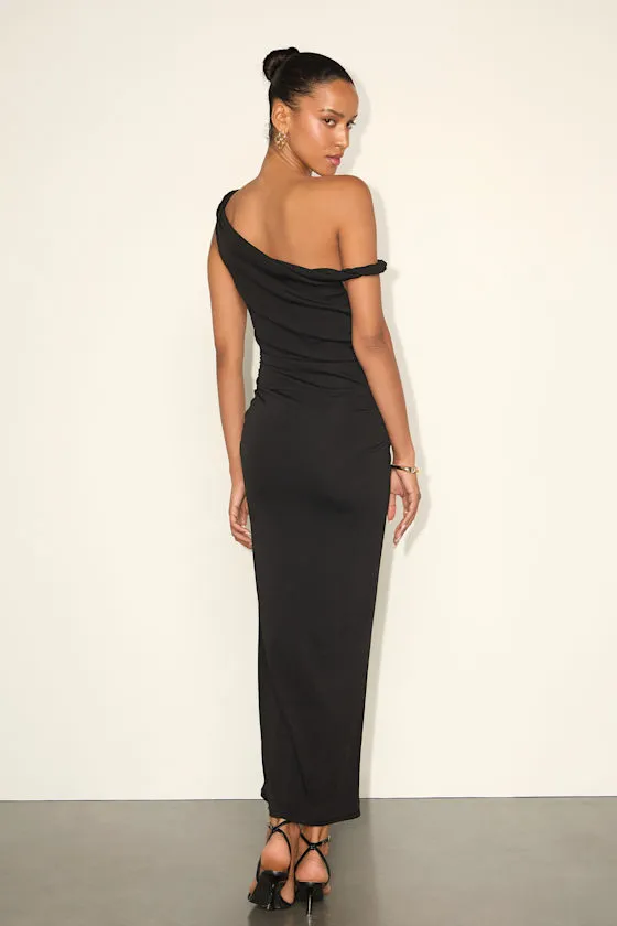 Fauna Black Twisted One-Shoulder Bodycon Midi Dress