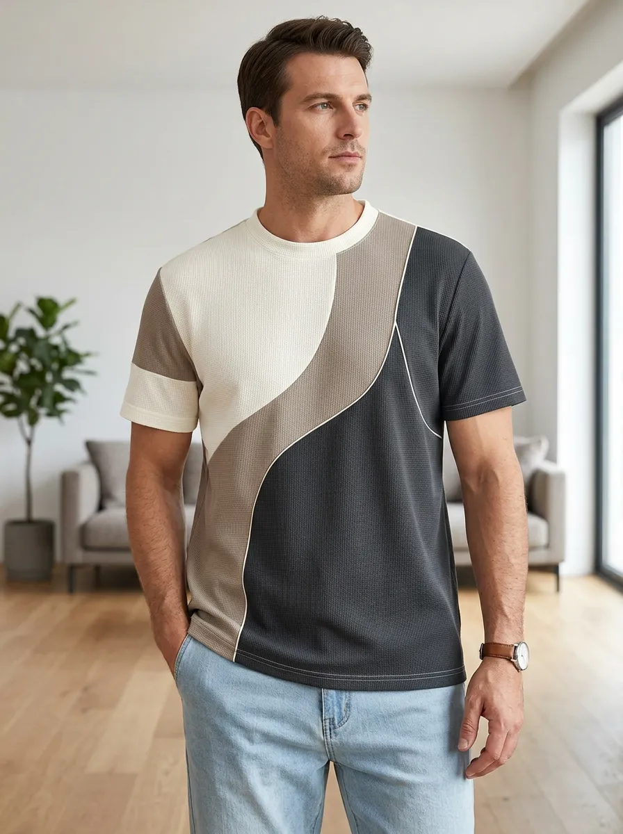 Men's Casual Minimalist Colorblock Waffle Knit Contemporary Crew Neck T-Shirt