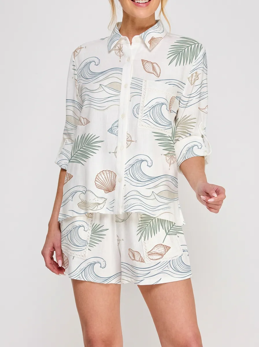 Women's Beach Vacation Ocean Wave Seashell Palm Printed Shirt