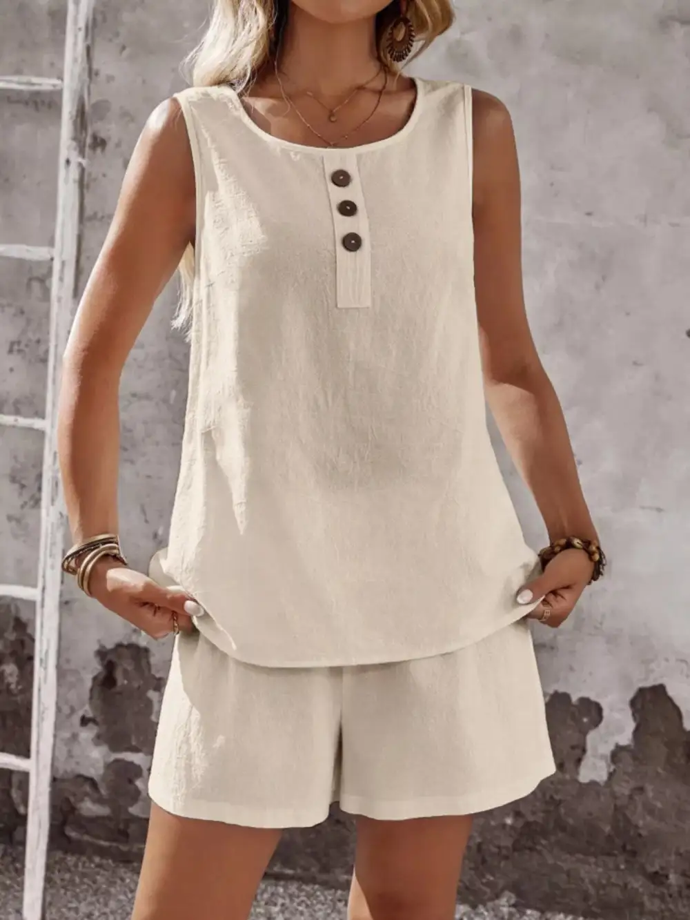 Decor Button Round Neck Tank and Shorts Set