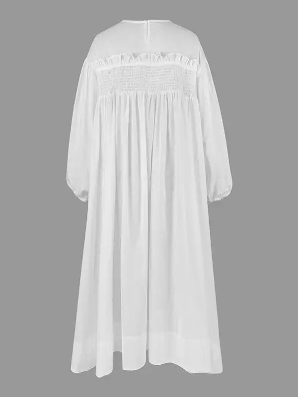A-Line Long Sleeves Mesh Pleated Pockets See-Through Split-Joint Round-Neck Midi Dress