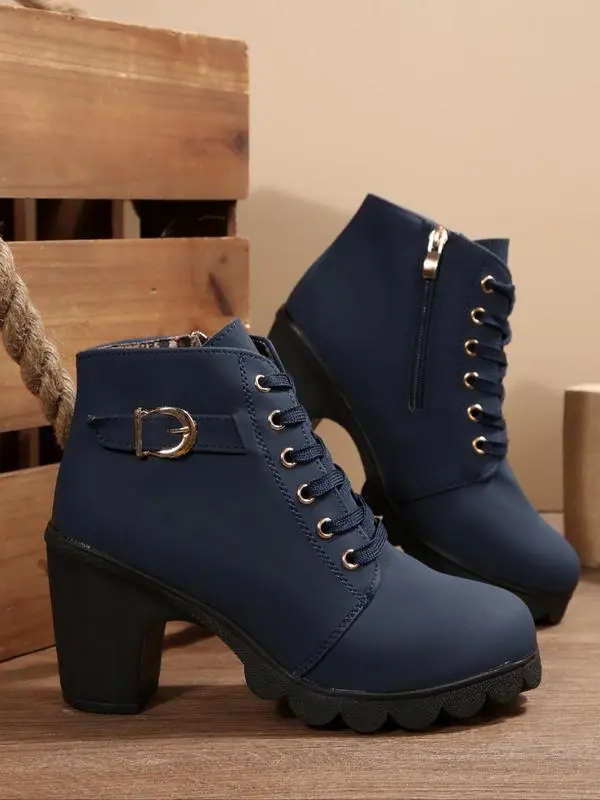 Women's Lace-Up Chunky Heel Short Boots, Metal Buckle Accent, Fashionable & Versatile