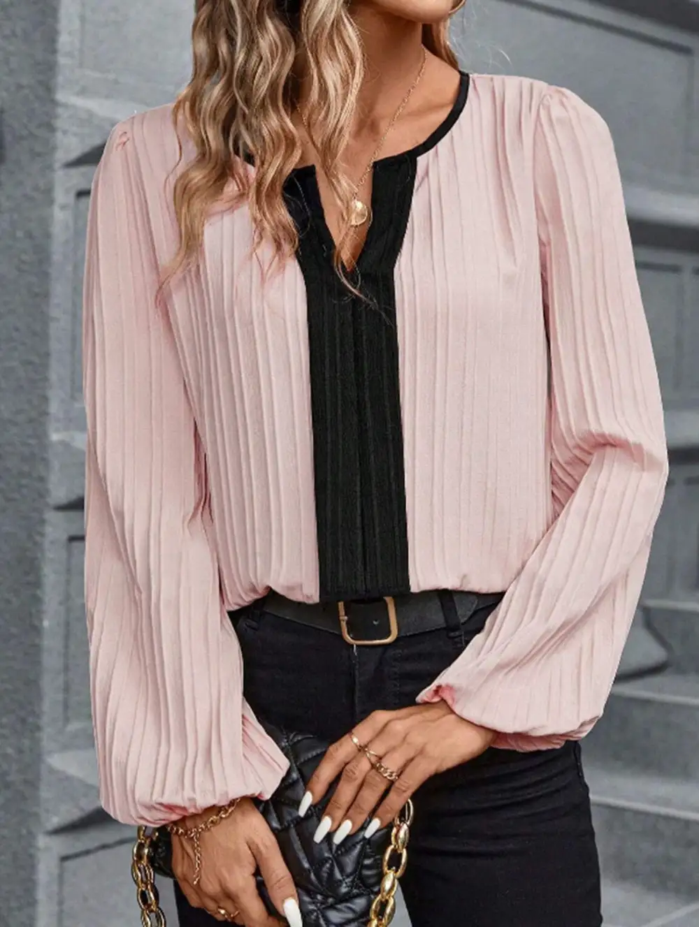 Panel V Neck Puff Sleeve Blouse Tee