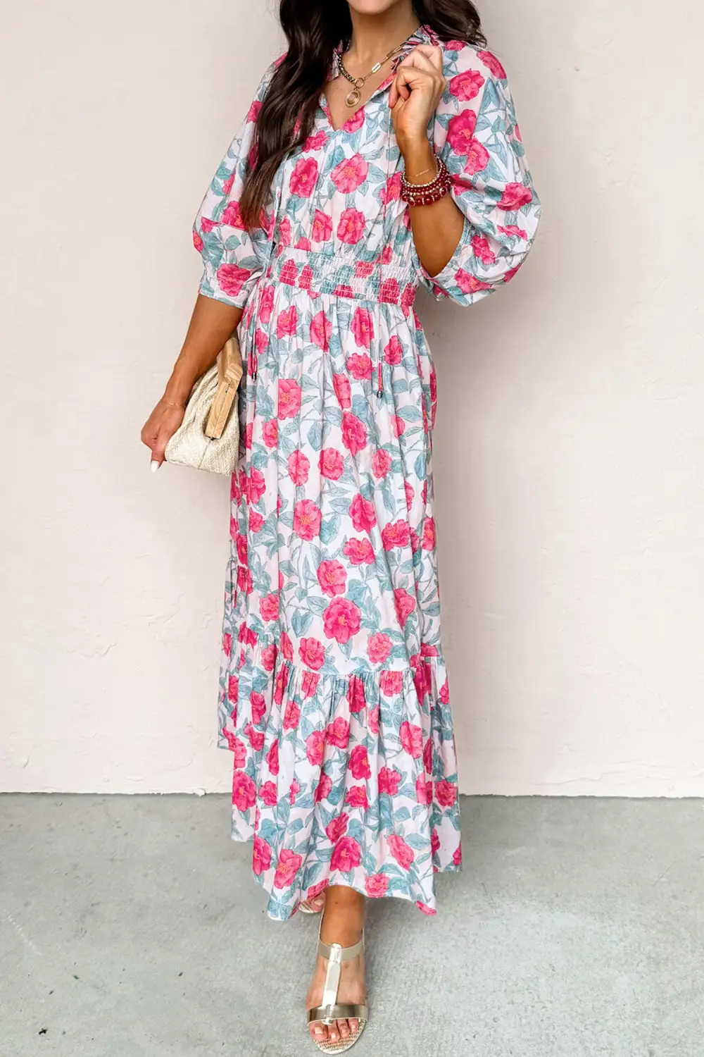 Comfort Fit Floral Puff Sleeve Midi Dress