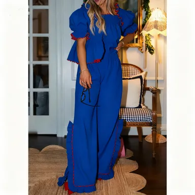 Women Pajama Set,Short Sleeve Square Neck T-shirt with Pants Sleepwear Loungewear