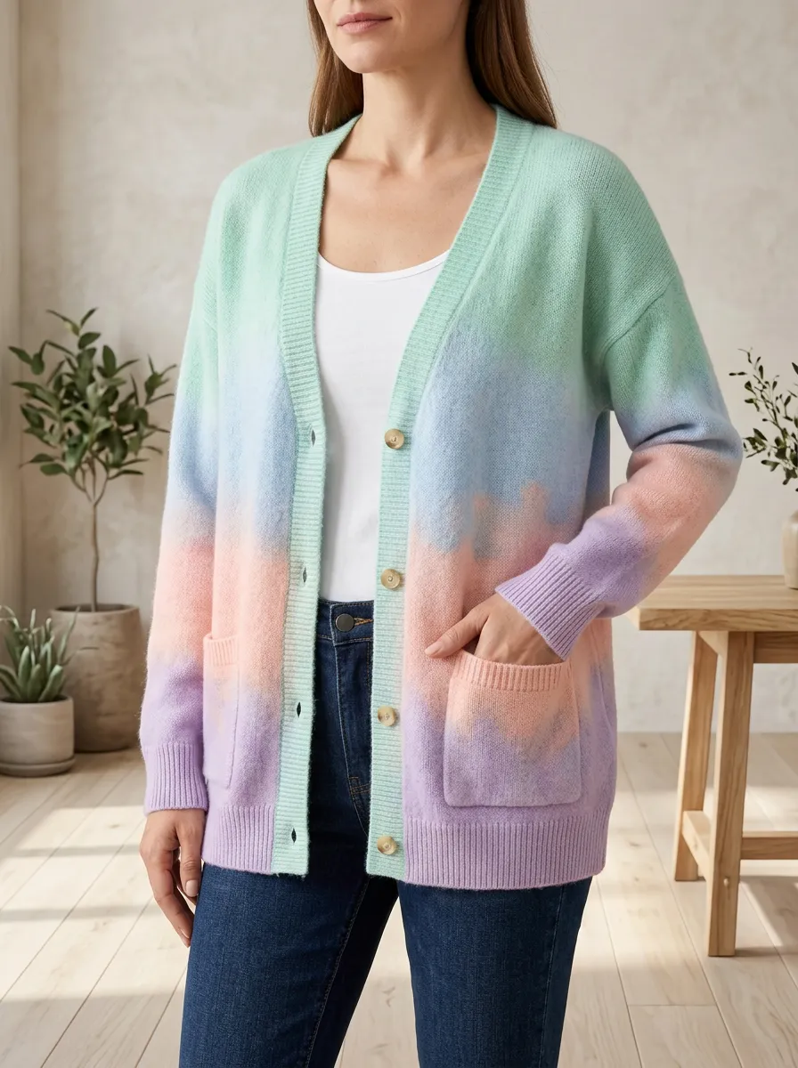 Women's Pastel Tie-Dye Pattern Printed Textured Knit Contemporary Casual Cardigan