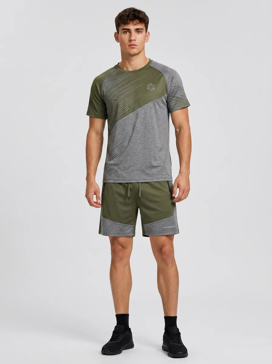 Men's Geometric Color-Block T-Shirt and Zip-Pocket Shorts Set