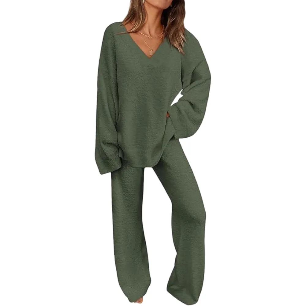 Women's 2-Piece Lounge Set Soft Chunky V Neck Tops& Wide Leg Long