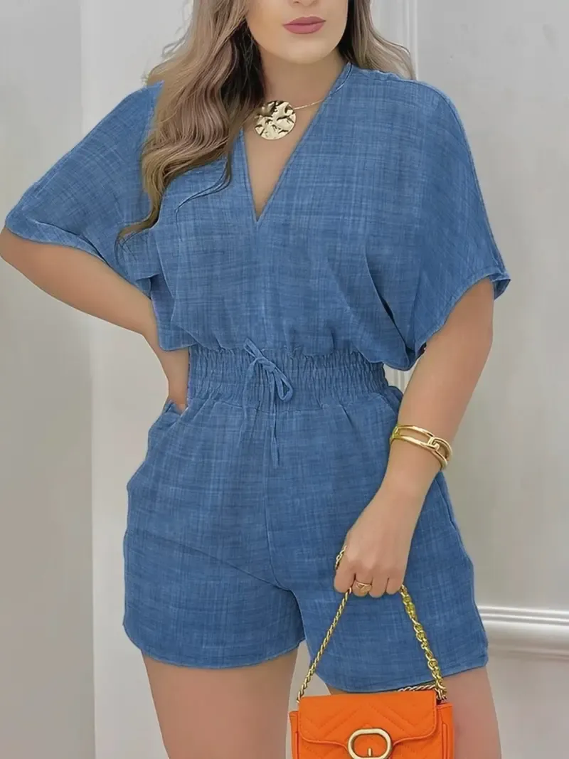 Women's Solid-Color V-Neck Jumpsuit with Drawstring Waist