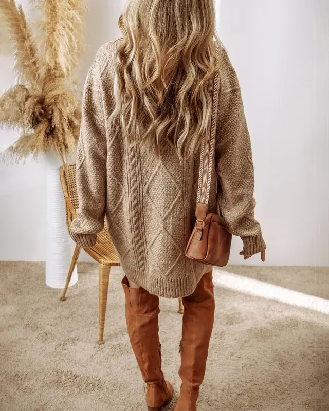 Women'S Round Neck Long Sleeve Sweater Dress Casual Loose Fit Cable Knit Pullover Mini Dress