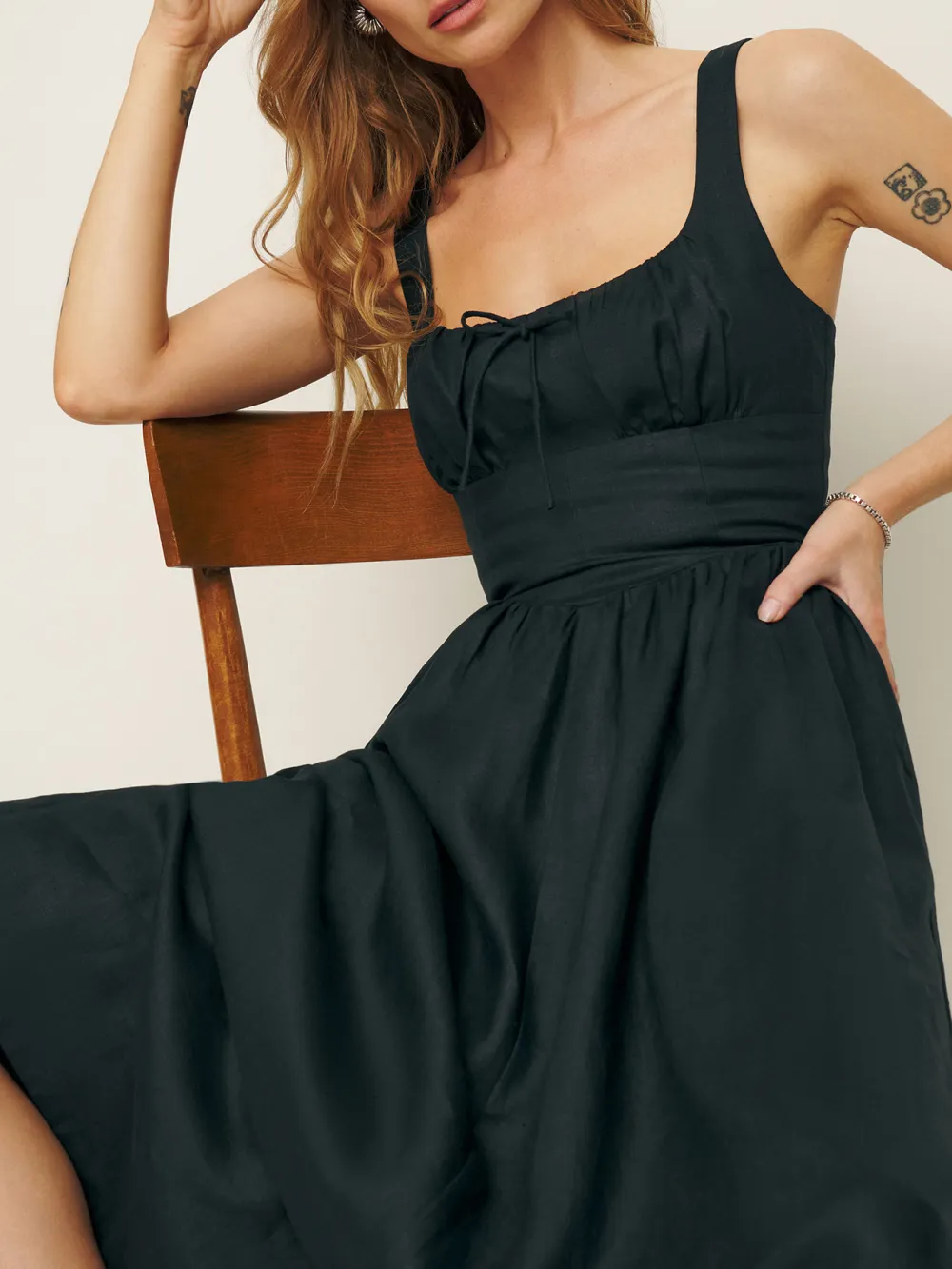 Square Neck Linen A Line Midi Dress