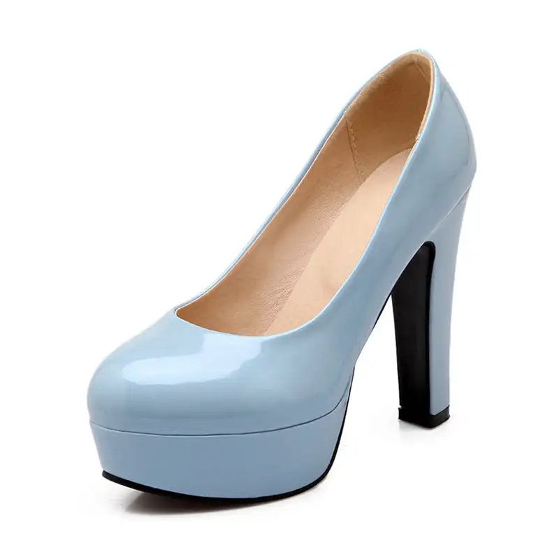 Polished Patent Finish Round Toe Platform Chunky Heel Pumps