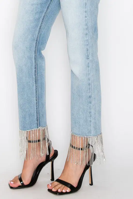 High Rise Straight Leg Embellished Denim Jeans