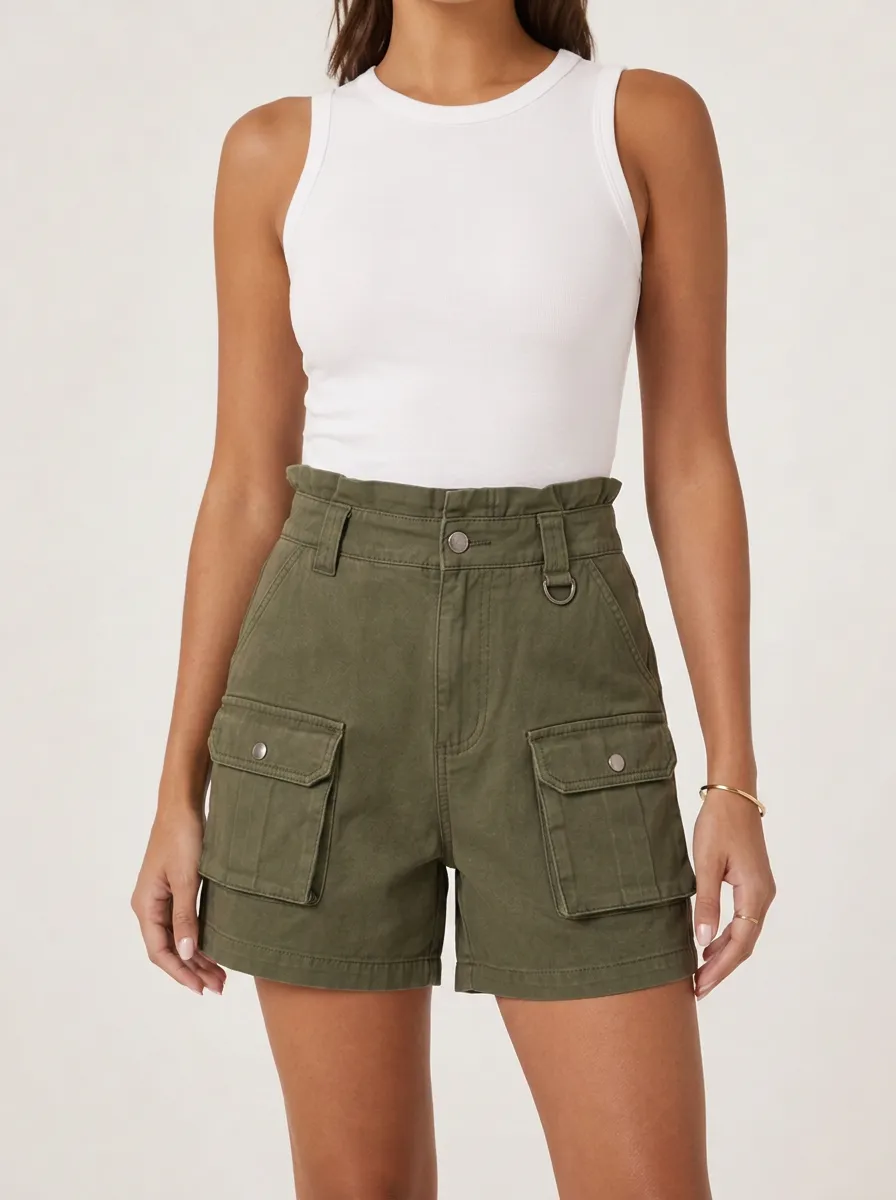 Women's Casual Olive Green High-Waisted Cargo Shorts