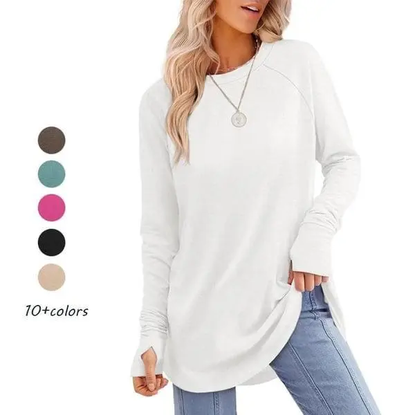 Womens Tunic Tops to Wear with Leggings Long Sleeve Thumb Hole Shirts Crew Neck Curved Hem