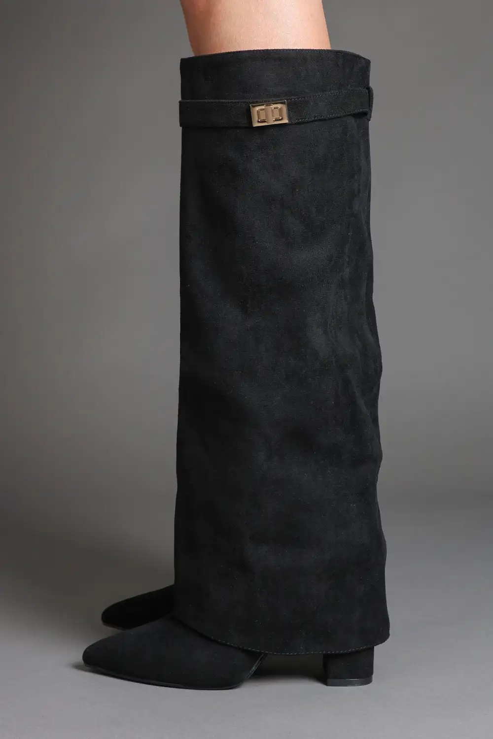 Classic Western Slouch Fold-Over Buckle Detail Knee High Boots