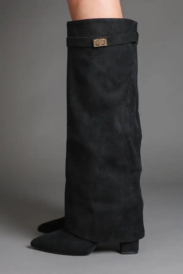 Classic Western Slouch Fold-Over Buckle Detail Knee High Boots