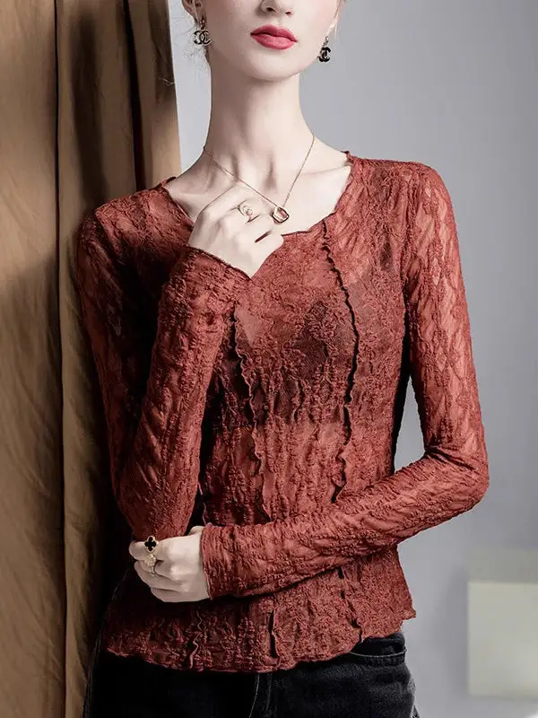 Asymmetric Long Sleeve Sheer Panel Detail Textured Round Neck T-Shirt