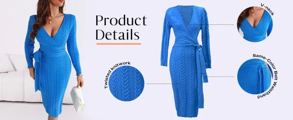 Women's Cable Textured Overlap Deep V-Neck Long Sleeve Mid-Length Dress Tie Waist Slim Fit Knit Dress