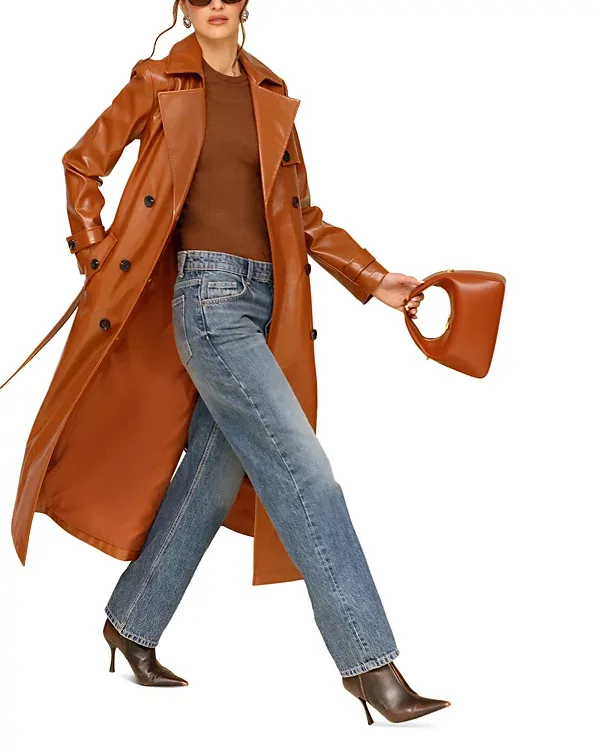 Caramel Color Faux Leather Trench Coat