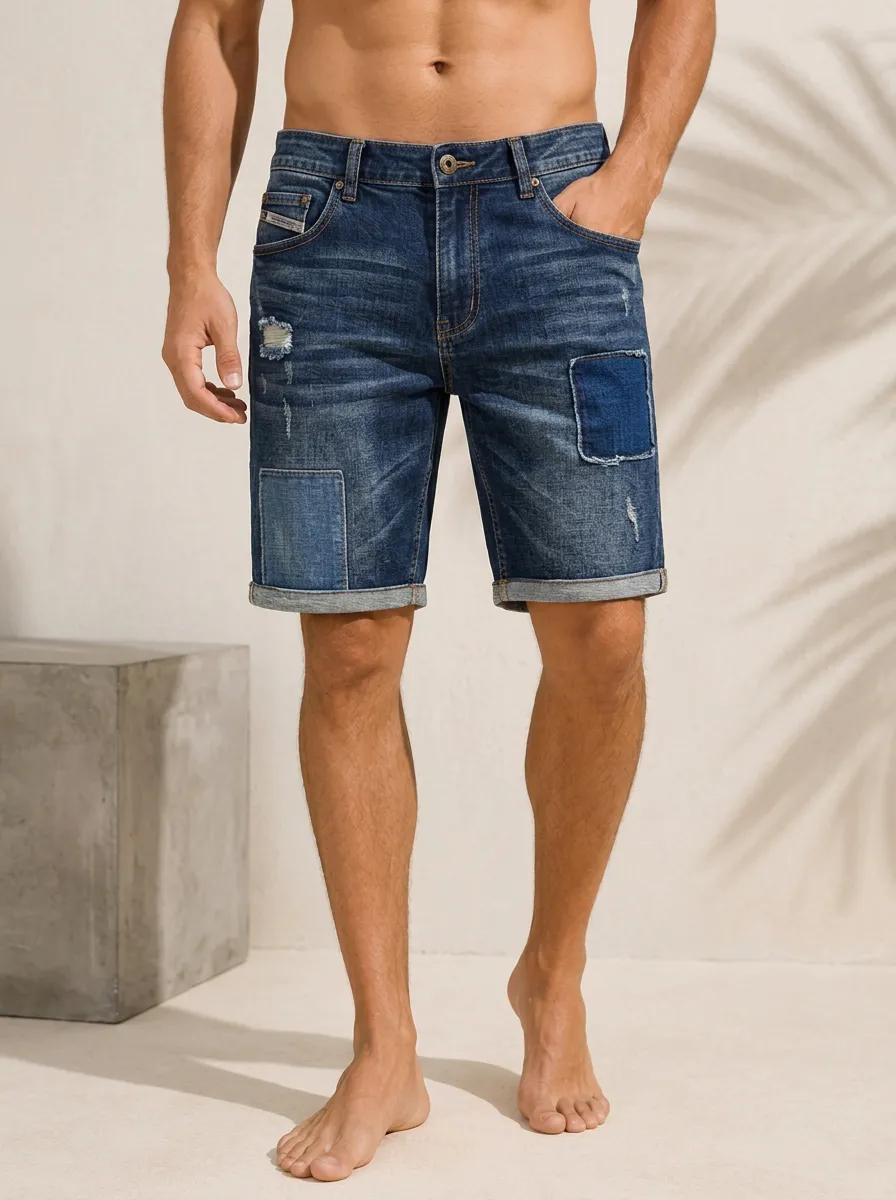 Men's Casual Fashion Distressed Patchwork Denim Shorts