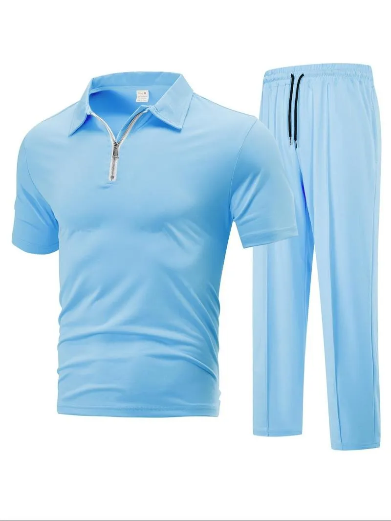 Men's Plain Half Zip Up Shortsleeve Polo Shirt & Drawstring Waist Pants Two-piece Set