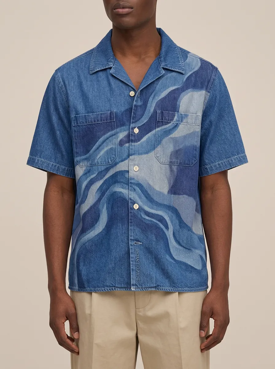 Men's Abstract Wave Pattern Short Sleeve Denim Shirt