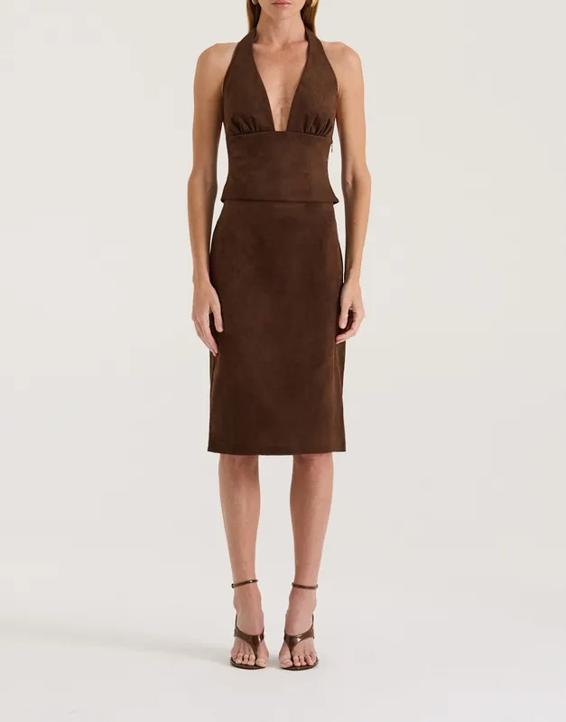 Chocolate Suede-Effect Tailored Skirt