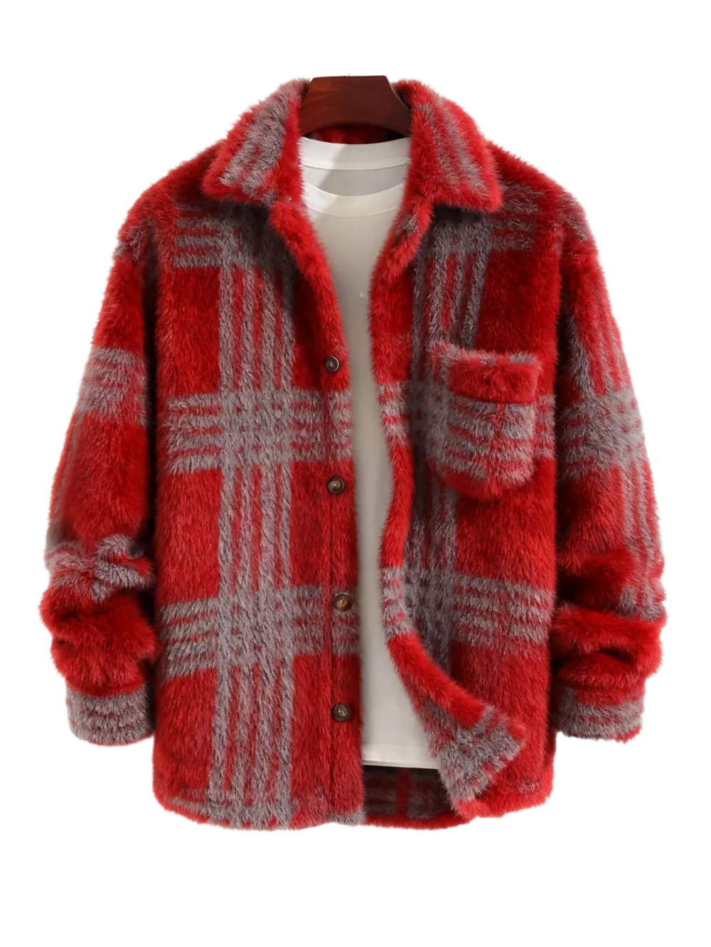 Men's Plaid Print Button Front Fleece Winter Jacket, Casual Comfortable Warmth Regular Fit Long Sleeve Pockets Warm Fleece Material Outerwear for Fall & Winter, Mens Clothing, Men's Clothes for Daily Wear