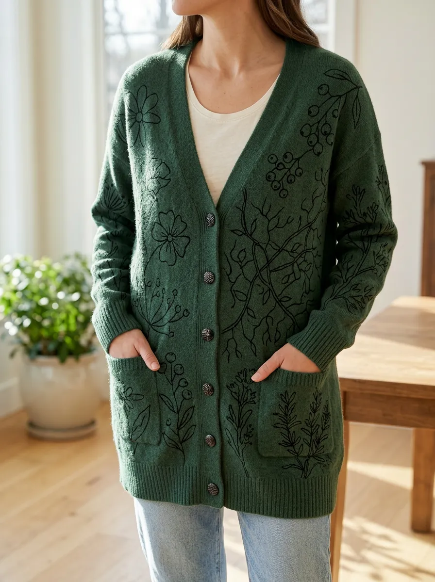 Women's Botanical Nature Lover Black Floral Printed Cardigan