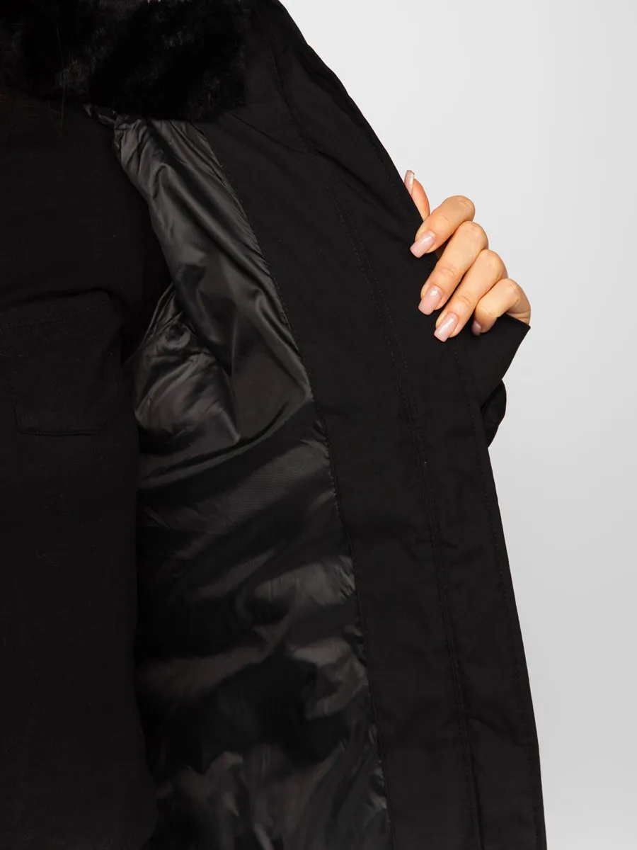 Black women's quilted winter jacket with hood