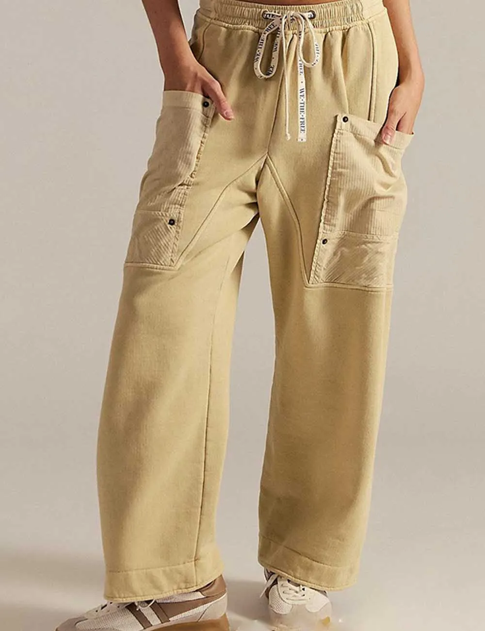 Elastic Waist Drawstring Pocket Straight Leg Denim Pants