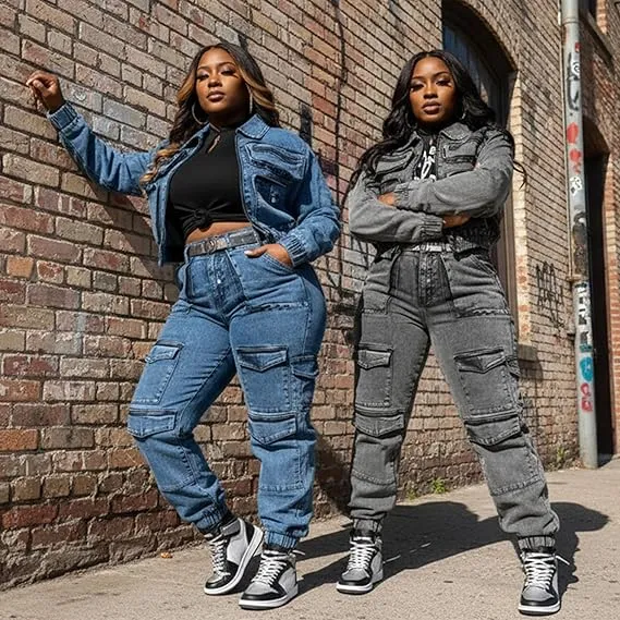Two-Piece Women's Fashion Sexy High Elastic Multi-Pocket Washed Denim Casual Set