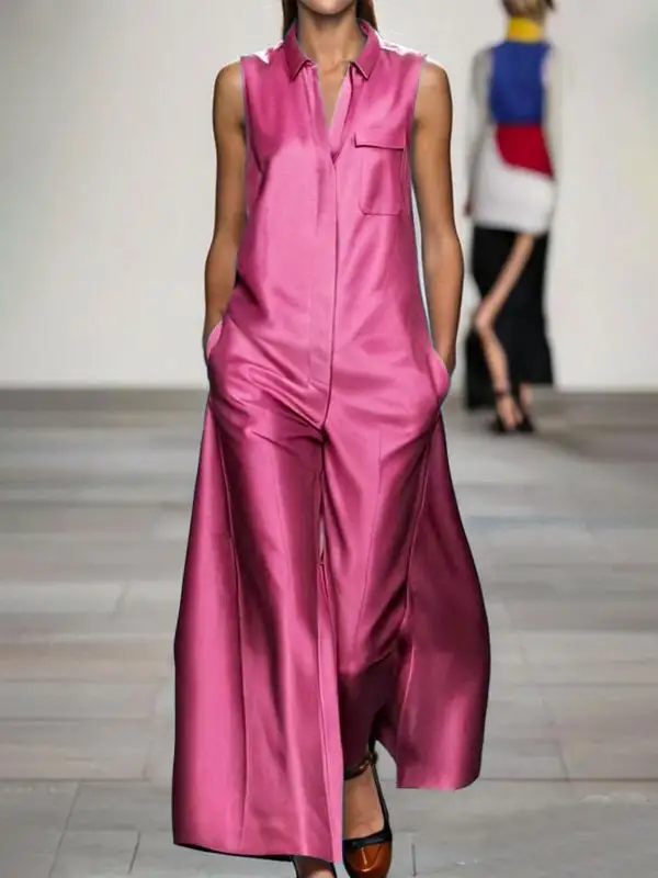Losse Mouwloze Zakken Effen Kleur Revers Jumpsuits