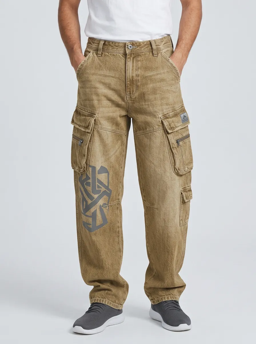 Men's Mid-Blue Geometric Detail Multi-Pocket Straight-Leg Denim Cargo Pants