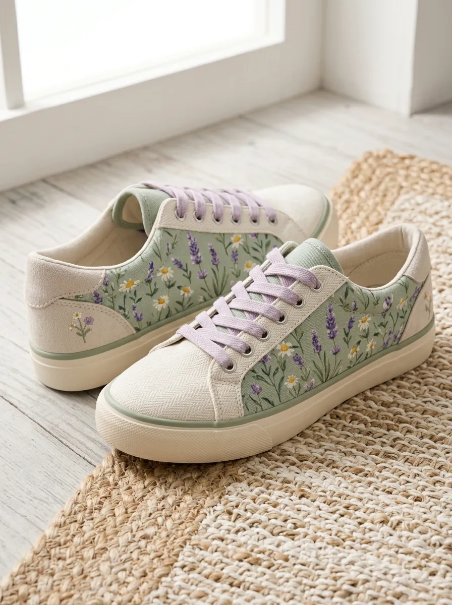 Women's Floral Lavender Daisy Printed Canvas Sneakers