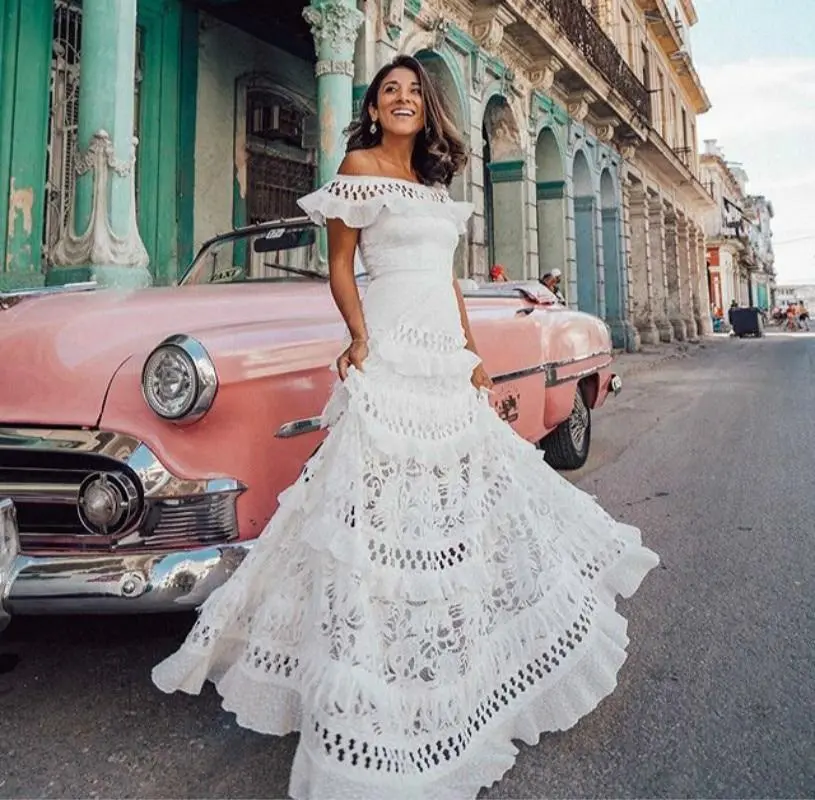 White Lace Petal Sleeve Vintage Maxi Dress