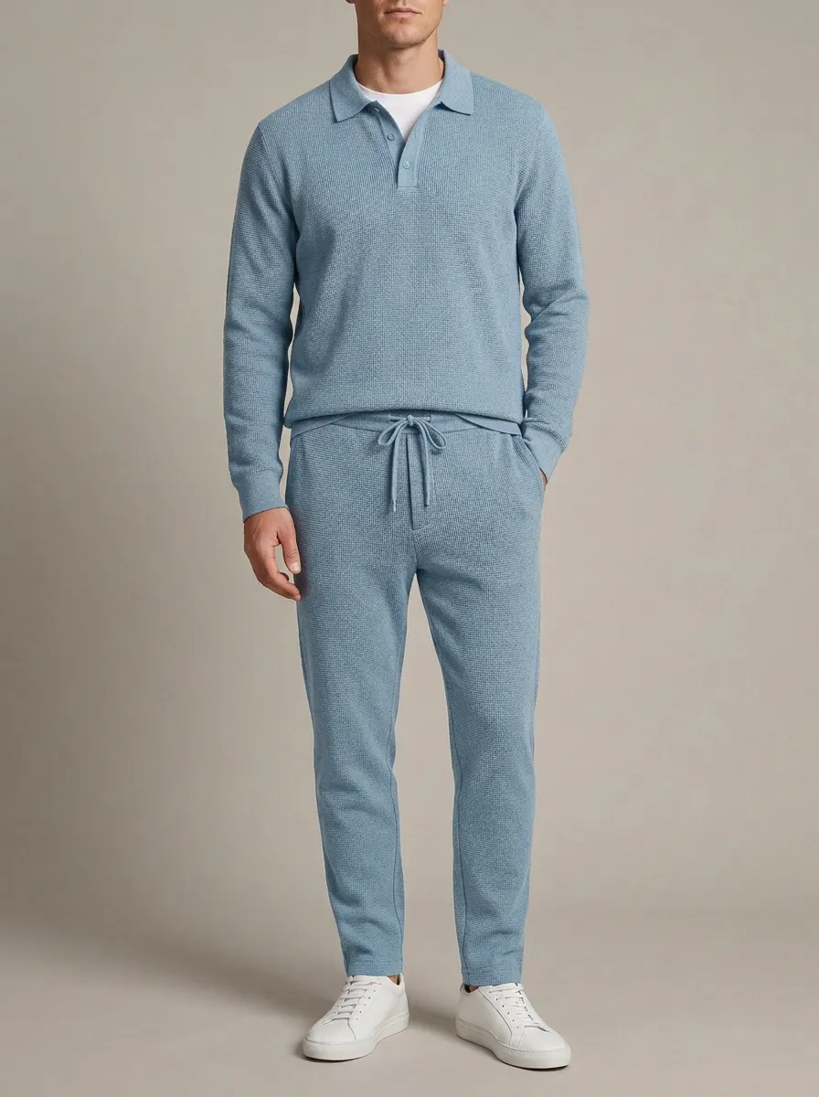 Men's Waffle Textured Polo Collar Jacket and Jogger Pants Set