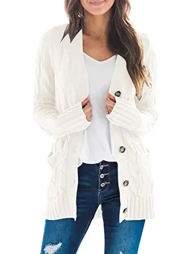 Women's Long Sleeve Cable Knit Sweater Open Front Cardigan Button Loose Outerwear