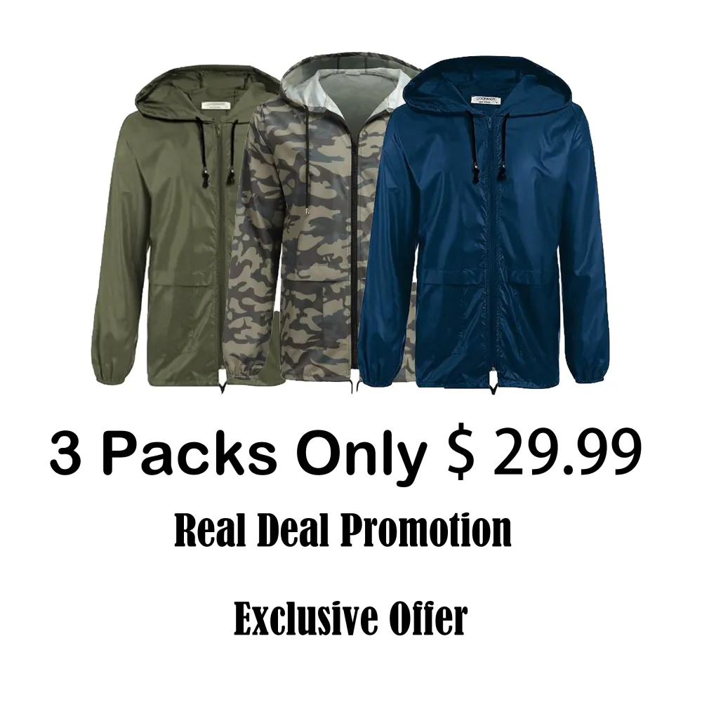 Men's Packable Jacket Outdoor Waterproof Hooded Lightweight Classic Cycling Raincoat for Hiking/Outdoor/Camping Fabric Menswear Zipper Breathable Relaxed Fit Long Sleeve Tops Athletic Outerwear Activewear Blazer
