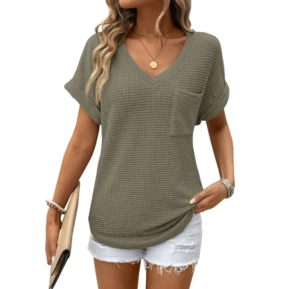 Women's Waffle Knit V-Neck Casual Summer Top