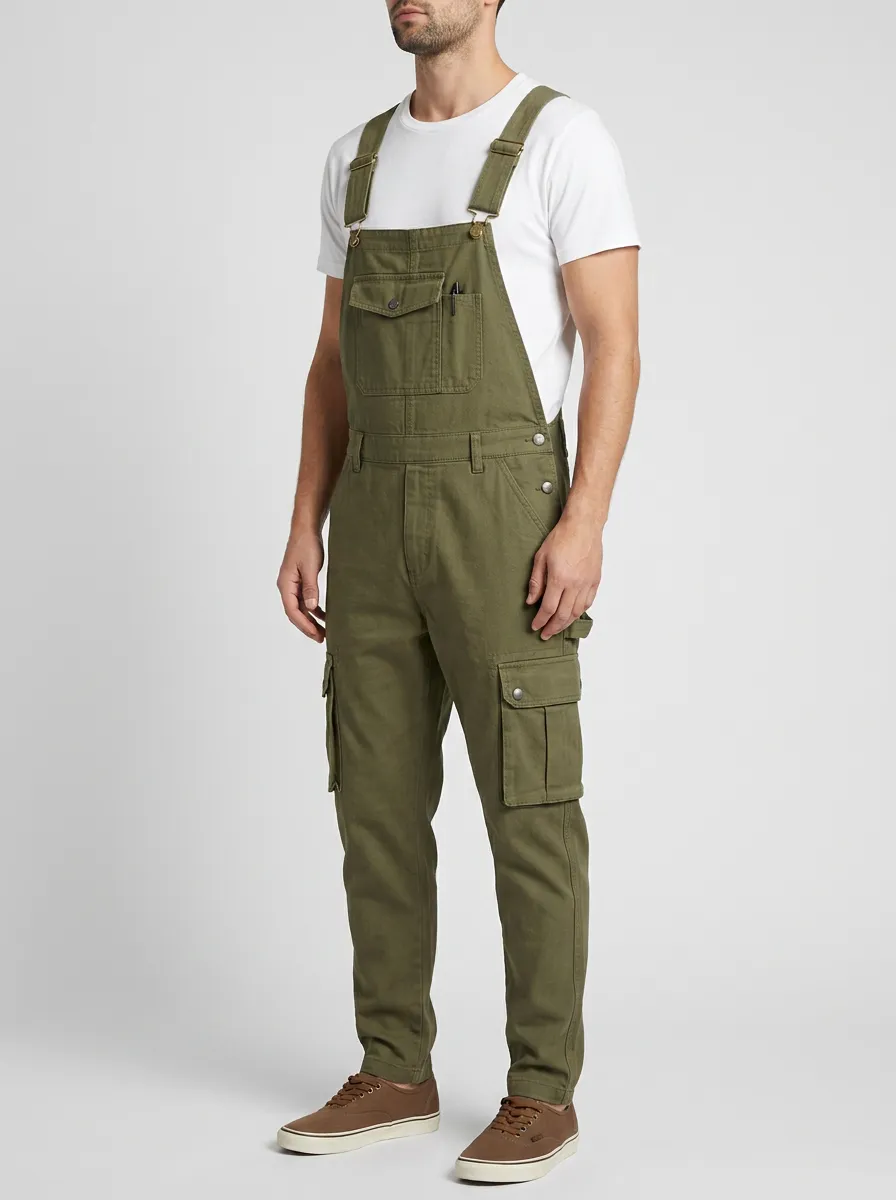 Men's Olive Green Cargo Pocket Denim Overalls