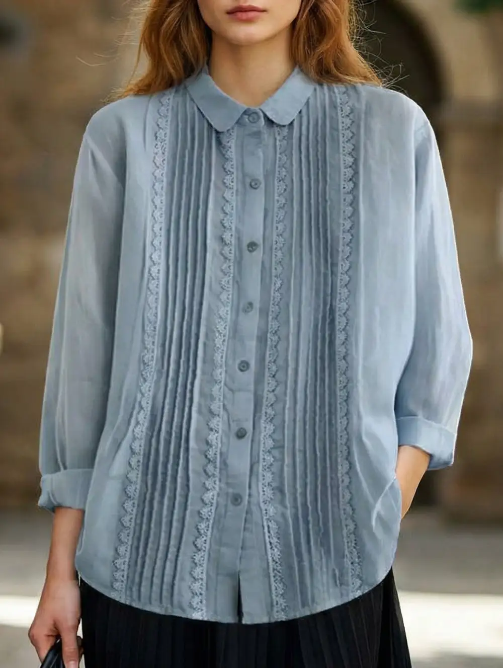 Literary Style Loose Lace Trimmed Shirt