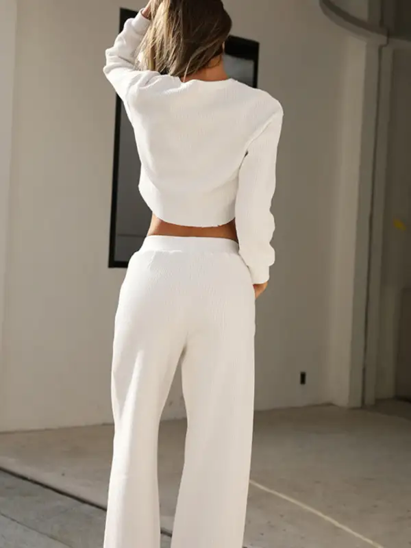 Waffle Knit Round Neck Top And Pants Set