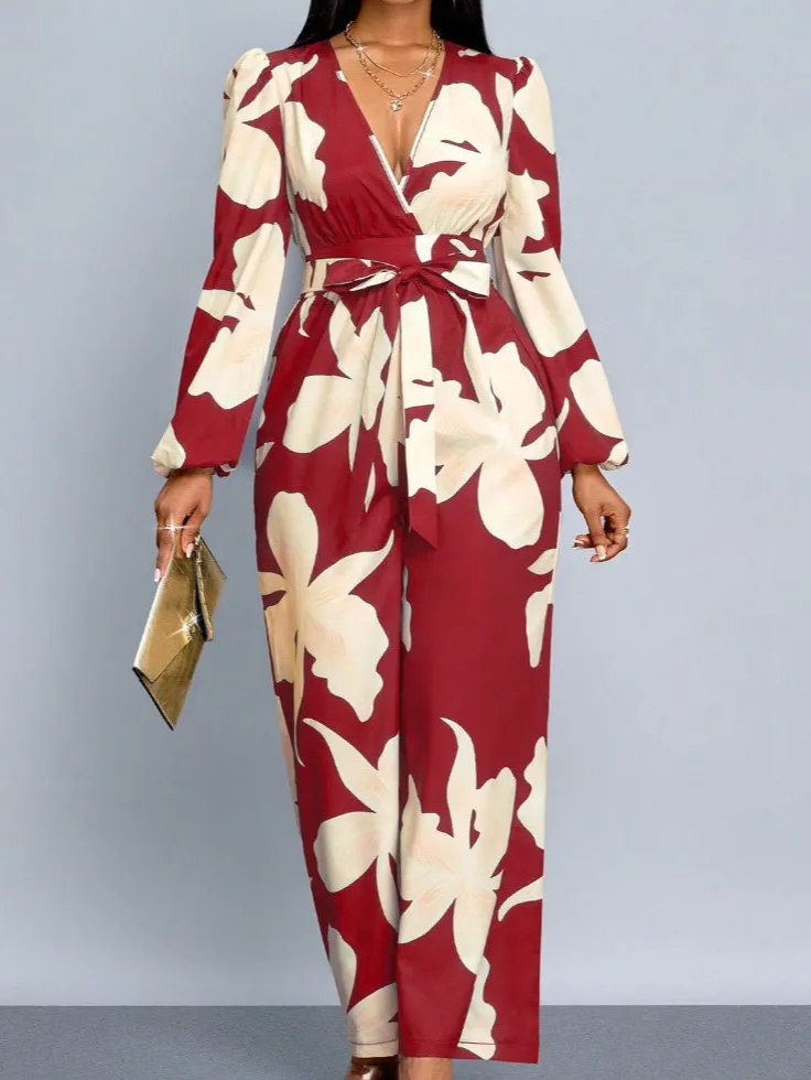 Women's V-Neck Long-Sleeve Floral Belted Maxi Dress