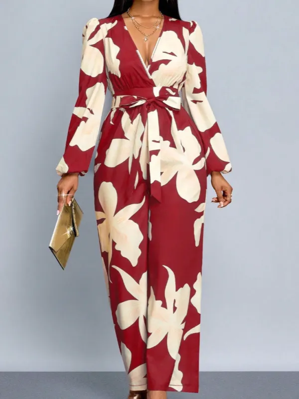 Women's V-Neck Long-Sleeve Floral Belted Maxi Dress