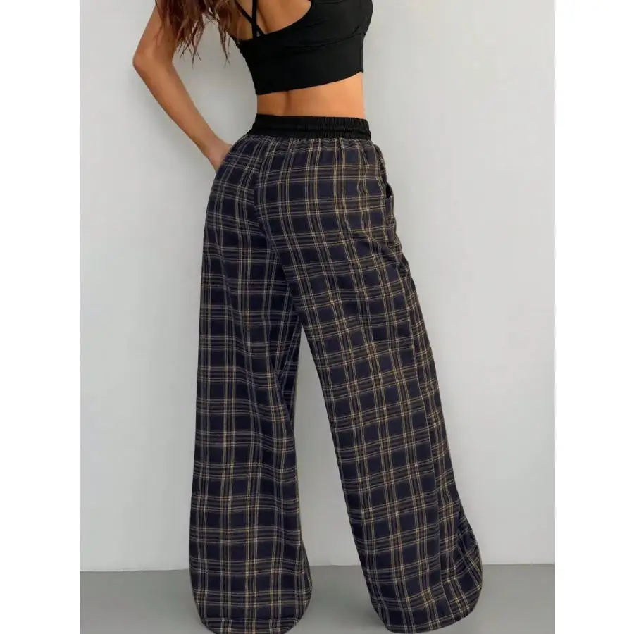Plaid Wide Leg Pants with Drawstring Waist