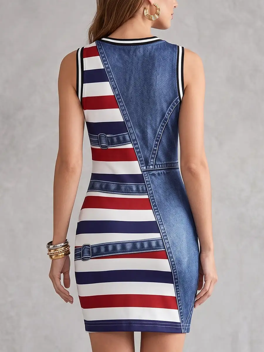 Bodycon Sleeveless Contrast Color Printed Striped Round Neck Mini Dress
