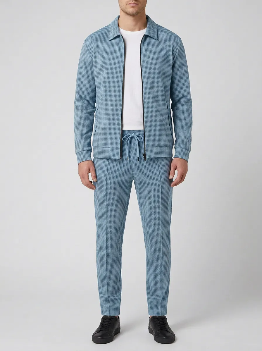 Men's Weekend Houndstooth Polo Collar Jacket and Jogger Pants Set
